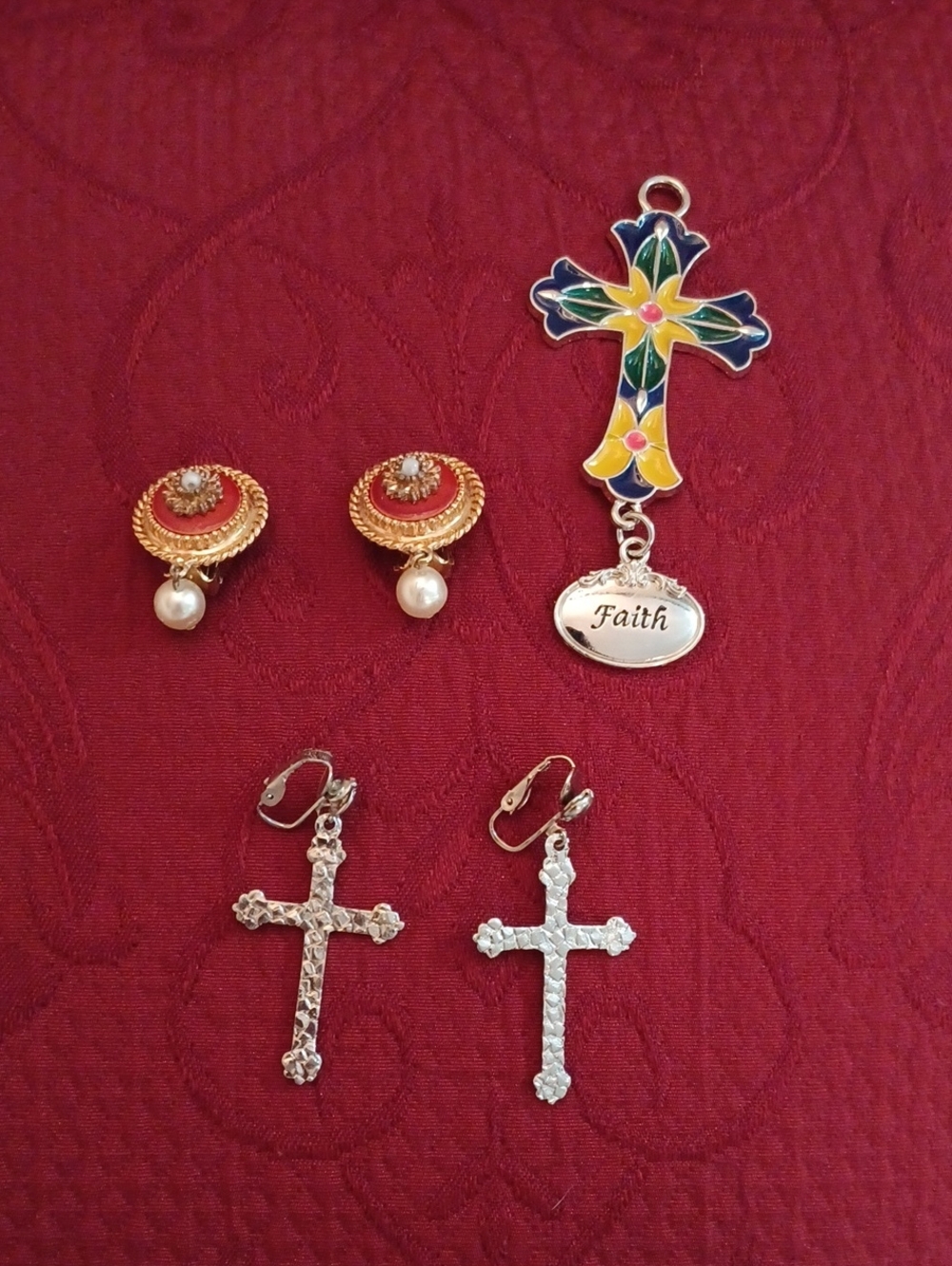Sarah C Gold-Tone Red & Silver Toned Cross Clip On Earrings & FAITH pendant